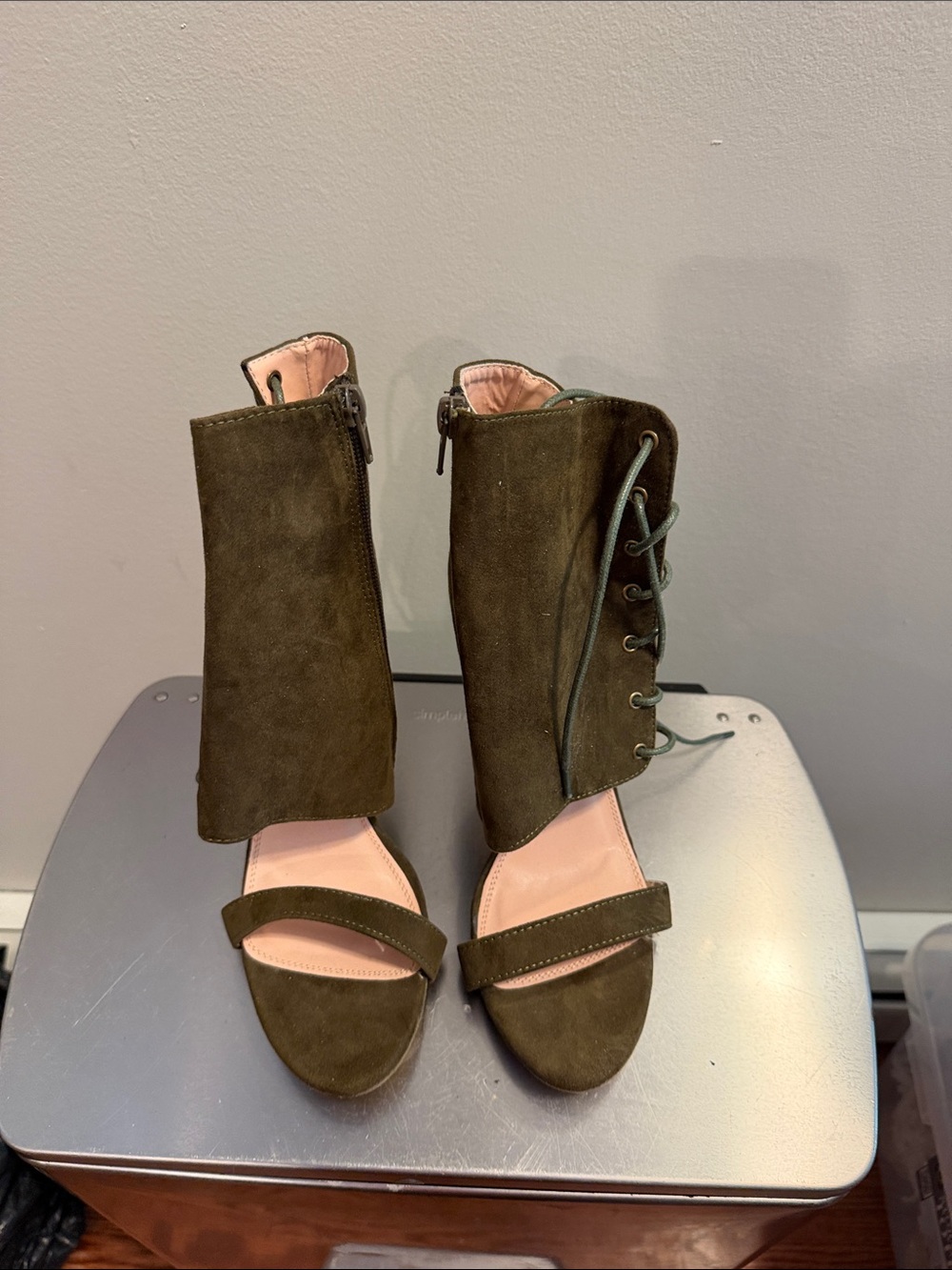 Olive Green Suede Lace-Up Open-Toe Heels with Pink Insole